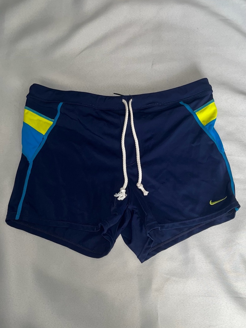 Nike Men’s Navy Athletic Swim Shorts with Neon Yellow & Cyan Accents size LARGE